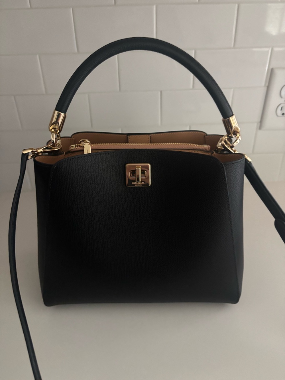 kate spade Black Pebble Leather Top-Handle Satchel with Gold Hardware